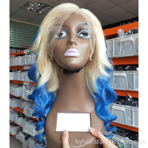 Custom Highlight Blue Color 100% Brazilian Human Hair Wig Unit, Custom Wavy Human Hair Wigs For African American